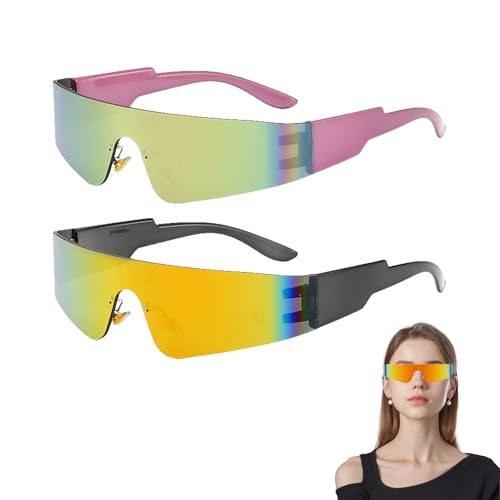 xianshi 2 Stück Schnelle Brille,Rave Brille,Sonnenbrille Herren,Festival Futuristische Raver Sunglasses,Alien Futuristisch,Space Techno Accessoires,Brillen Glasses Sonnenbrillen Witzige,Gelb,Rosa von xianshi