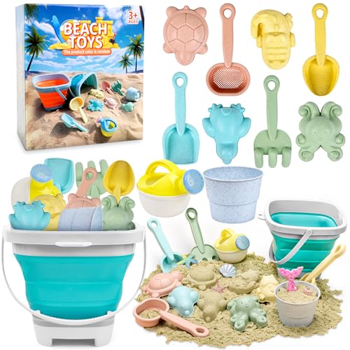 xinrongda 11 Stück Strandspielzeug für Kinder, Sandspielzeug Set mit Faltbarer Eimer, Schaufel, Sandharke, Sandförmchen, Sandburg-Baukasten für 1 2 3 4 5+ Jahre Mädchen Junge (blau) von xinrongda