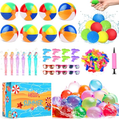 Wasserspielzeug Kinder Outdoor, 141 Stück Wiederverwendbare Wasserbälle Aufblasbar, Beachball Set, Mini Blasenstäbe Set, Wasser Spiele, Kleine Geschenke Party Favors für Kinder von xinrongda