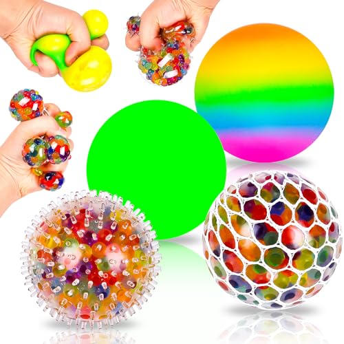 4 Stück Stressball, Mesh Stressbälle mit Wasse Perlen, Squishy Quetschball Squeeze Bälle, Anti Stress Squeeze Traubenbälle für Kinder ADHS, Angst, Beruhigung von xinrongda