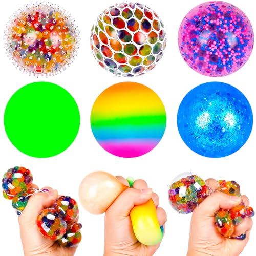 6 Stück Stressball, Mesh Stressbälle mit Wasse Perlen, Regenbogen Squeeze Bälle, Anti Stress Squeeze Traubenbälle für Kinder Erwachsene ADHS, Angst, OCD Angst abbauen und Beruhigung von xinrongda