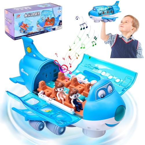 Elektronisches Flugzeug Spielzeug mit blinkenden Lichtern Musik, Krabbel Spielzeug, 360°drehbares elektrisches Flugzeugspielzeug, Kinderspielzeug ab 1-3 Jahr (Blau) von xinrongda