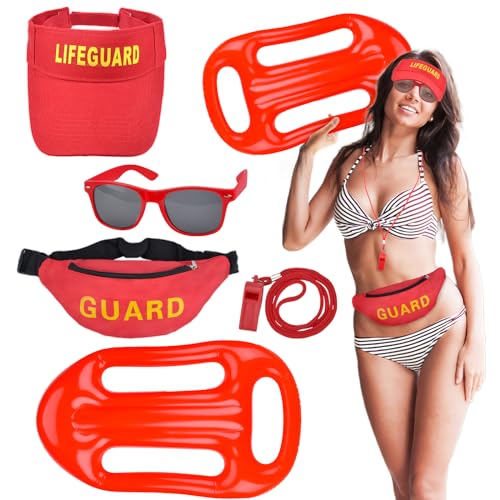 xinrongda 5 Stück Baywatch Kostüm, Lifeguard Kostüm, Rettungsschwimmer Zubehör Kit, Hut, Gürteltasche, Sonnenbrille, Schwimmboje, Baywatch Kostüm, Fancy Dress Kostüm für Frauen Männer Party von xinrongda