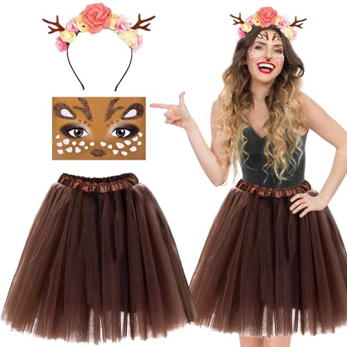 xinrongda Reh Kostüm Damen, Karneval Kostüm Damen, Tüllrock Kaffee Tutu Rock, Rentier Gesicht Tattoos, Reh Kostüm Accessoires für Fasching Karneval Cosplay Mottoparty von xinrongda