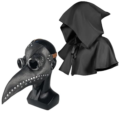 xlwen Steampunk Halloween Kostüm Requisiten Maske 1Pcs Mittelalter Pest Maske mit schwarzem Kapuzenumhang, Kostüm Requisiten für Masquerade Perfekt für Halloween, Vampirparty, Weihnachten. von xlwen