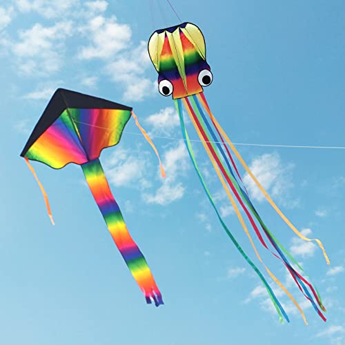 xocome Drachen für Kinder 2 Pack, 4 M Großer Oktopus-Drachen und Regenbogen Delta Drachen mit Langem Bunten Schwanz - inkl. 100m Drachenschnur - fur Outdoor Aktivitäten von xocome