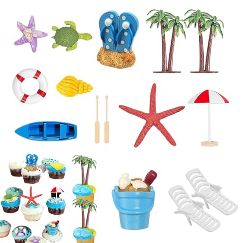 xowwyue Strand-Themen-Kuchenaufsatz, tropische Cupcake-Dekorationen | 15X Strand-Miniaturspielzeug - Kuchenaufsatz für Liegestuhl, Regenschirm, Boot, Palme, für Spielzeughaus, Miniaturgarten, Aquarium von xowwyue