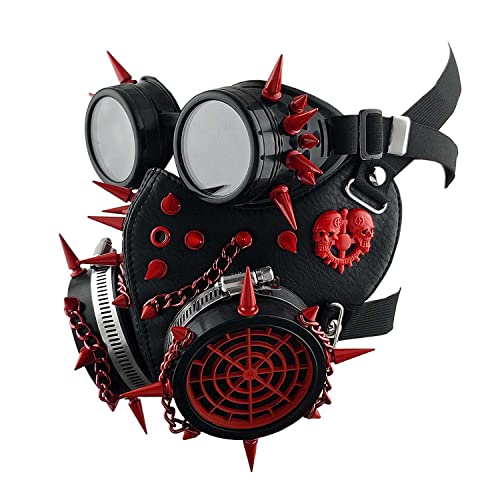Halloween Red Spike Skulls Maskerade Steampunk Gothic Chain Gas Mask with Rivet Goggles Cosplay Unisex, Maske mit Brille, Einheitsgr��e von xtom2013