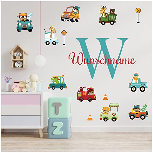 Wandsticker personalisiert Sticker Aquarell Tiere mit Name Wandtattoo für Kinderzimmer Babyzimmer Spielzimmer Mädchen Junge Y037 (Nr. 18 Autos, Mit Wunschname) von yabaduu