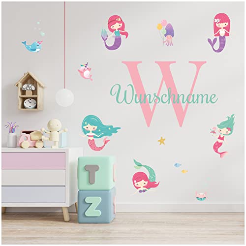 yabaduu Wandsticker personalisiert Sticker Aquarell Tiere mit Name Wandtattoo für Kinderzimmer Babyzimmer Spielzimmer Mädchen Junge Y037 (Nr. 21 Meerjungfrauen, Mit Wunschname) von yabaduu