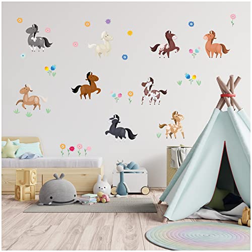 Wandsticker personalisiert Sticker Aquarell Tiere mit Name Wandtattoo für Kinderzimmer Babyzimmer Spielzimmer Mädchen Junge Y037 (Nr. 32 Pferde, Ohne Wunschname) von Finest Folia