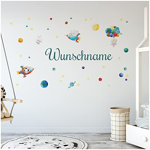 Wandsticker personalisiert Sticker Aquarell Tiere mit Name Wandtattoo für Kinderzimmer Babyzimmer Spielzimmer Mädchen Junge Y037 (Nr. 8 Weltraum Tiere, Mit Wunschname) von yabaduu