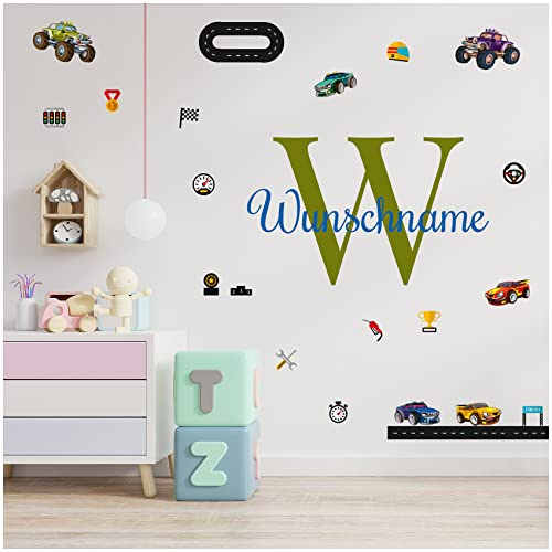 yabaduu Wandsticker personalisiert Sticker Aquarell Tiere mit Name Wandtattoo für Kinderzimmer Babyzimmer Spielzimmer Mädchen Junge Y037 (Nr. 23 Rennautos, Mit Wunschname) von yabaduu