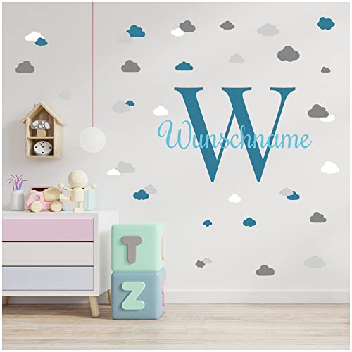 yabaduu Wandsticker personalisiert Sticker Aquarell Tiere mit Name Wandtattoo für Kinderzimmer Babyzimmer Spielzimmer Mädchen Junge Y037 (Nr. 25 Wolken, Mit Wunschname) von yabaduu