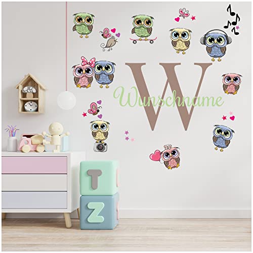 Wandsticker personalisiert Sticker Aquarell Tiere mit Name Wandtattoo für Kinderzimmer Babyzimmer Spielzimmer Mädchen Junge Y037 (Nr. 27 Eule, Mit Wunschname) von yabaduu