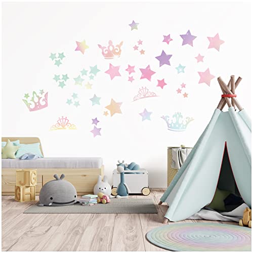 Wandsticker personalisiert Sticker Aquarell Tiere mit Name Wandtattoo für Kinderzimmer Babyzimmer Spielzimmer Mädchen Junge Y037 (Nr. 37 Sterne und Krone, Ohne Wunschname) von yabaduu