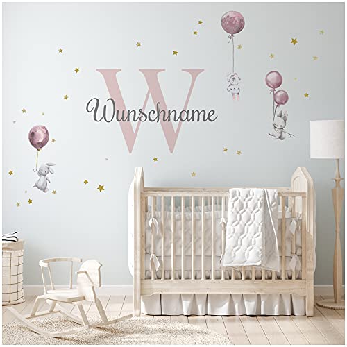 yabaduu Wandsticker personalisiert Sticker Aquarell Tiere mit Name Wandtattoo für Kinderzimmer Babyzimmer Spielzimmer Mädchen Junge Y037 (Nr. 6 Hasen mit Ballons Rosa, Mit Wunschname) von yabaduu