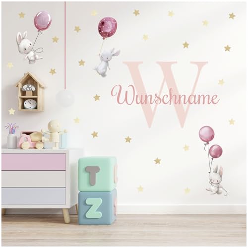 yabaduu Wandsticker personalisiert Sticker Aquarell Tiere mit Name Wandtattoo für Kinderzimmer Babyzimmer Spielzimmer Mädchen Junge Y037 (Nr. 6 Hasen mit Ballons Rosa, Mit Wunschname) von yabaduu