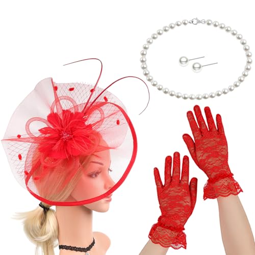 Französischer Fascinator-Hut mit Halskette und Ohrsteckern, Kostüm-Set für Pferderennen und Halloween-Partys Französischer Fascinator-Hut mit Halskette und Ohrsteckern, Kostüm-Set für Pferderennen und Halloween-Partys von yanwuwa