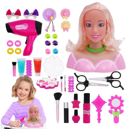 yanzisura Make-up- und Haarstyling-Puppe - Interessanter Puppen-Stylingkopf - Multifunktionales Simulations-Haarstyling-Set, 36-teiliges Mädchen-Kopfschmuck-Spielzeug-Set, lehrreich für Kinder von yanzisura