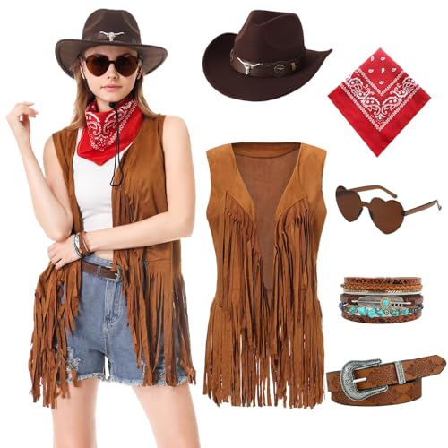 yawclaw Western-Outfit für Damen, Cowgirl-Kostüm, Erwachsene, Western-Cowgirl-Quasten, Fransenweste mit Hut, Gürtel, Bandana, Armband von yawclaw