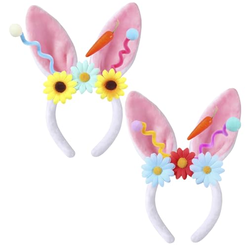 yayafunfun Hasenohren für Kinder und Erwachsene, Oster-Stirnband, 2 Stück, niedliche Hasen-Haarbänder mit Blumen, Karotten, Hasenohr-Accessoire für Mädchen und Frauen, Ostern, Cosplay, Party, von yayafunfun