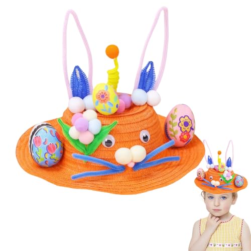 yayafunfun Osterhut-Bastelset für Kinder, Oster-Cartoon-Kappe, Bastelset mit Strohhüten, Aquarellstift, Ei, Haarball für Jungen, Mädchen, Party-Favoriten und Geschenke, Schulumzug von yayafunfun