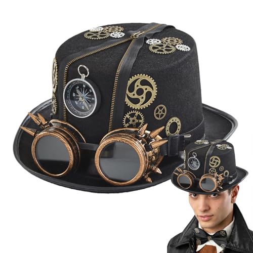 Steampunk-Zylinder-Kostüm – Gothic-Kopfbedeckung im Vintage-Stil, Steampunk-Hut mit Schutzbrille | Zeitreisender-Kostümzubehör für Männer, Steampunk-Verkleidung und Themenveranstaltungen, Cosplay-Karn von ycezw