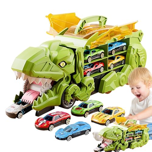 ycezw Dinosaurier-Autotransporter, Dinosaurier-Transport-LKW, Autotransporter Mit 12 Zurückziehbaren Autos, Spielzeugfahrzeug-Set, Transport-LKW Mit Klappbarer Schiene, von ycezw