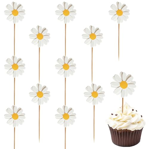 Yeemeen 50 Stücke Pappbecher Kuchendeko Tortenaufleger, Tortendeko Gänseblümchen, Topper Gänseblümchen,Cupcake Toppers Kuchen Deko Blüten Für Happy Birthday Tortendeko Partydeko von yeemeen