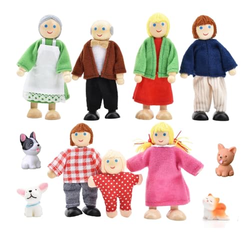 yeemeen Puppenhaus Puppen, 7Pcs Puppenhaus Figuren Familie, Biegepuppen Puppenhaus Puppen, Holz Puppenhaus Zubehör mit Katze und Hund Biegepuppen für Puppenhaus Zubehör Geschenk von yeemeen