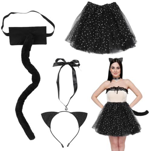 4-teiliges schwarzes Katzenkostüm-Set, Katzenohren-Stirnband, schwarzer Schwanz, silberfarbener Glocken-Choker, Tutu-Rock für Verkleidungen, Partys, Karneval, Bühnenauftritte von yeeplant