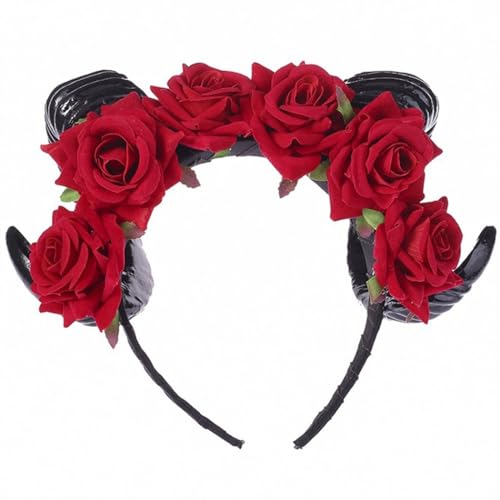 Künstliche Rose Blume Horn Stirnband für Halloween - Kunststoff Haarreifen mit Floral Club Cosplay Party Damen Kopfbedeckung von yeeplant