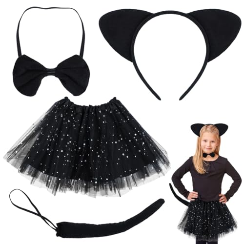 Schwarze Katze Cosplay Set, 4-teiliges Kostüm-Set mit Ohren, Schwanz, Fliege und Pailletten-Tutu, Halloween-Verkleidungszubehör von yeeplant