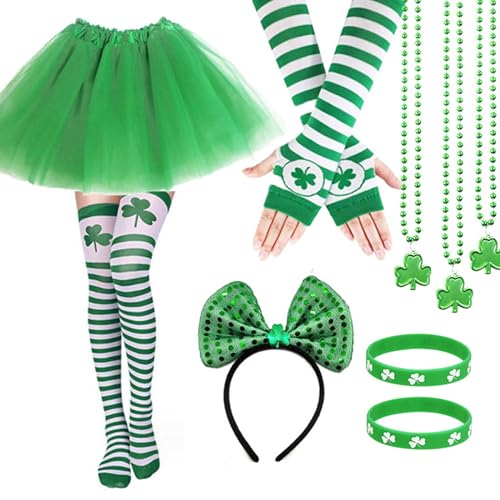 yiouyisheng 4 Stück/ 9 Stück St Patricks Day Accessoires Irisches Parade Kostümzubehör-Set Party Supplies, Tutu Tüllrock, Kleeblatt Strümpfe, Handschuhe, Haarbänder, Halskette, Armband von yiouyisheng