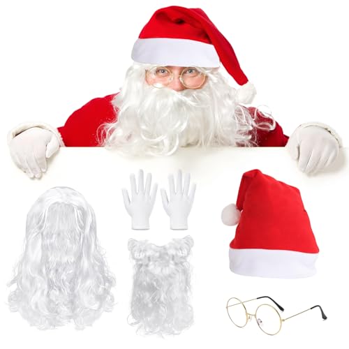 yisight 5 Stück Weihnachtsmann Kostüm Zubehör, Nikolausmütze + Weihnachtshandschuhe + Weihnachtsmann Perücke + Weihnachtsmann Brille + Weihnachtsmann-bart von yisight