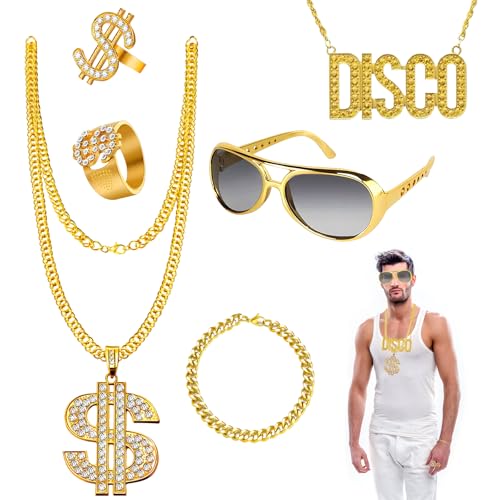 yisight 6 Stück Zuhälter Kostüm, Hip Hop Kostüm Kit, 80/90er Rapper Zubehör Hip Hop Dollar Ring Goldenes Armband Dollar Halskette Sonnenbrille für Karneval Fasching Mottoparty von yisight