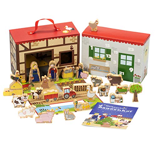 yoamo Bauernhof für Kinder inkl. Adventskalender mit 24 Holzfiguren, hochwertigem Spielkoffer und weihnachtlicher Tier-Geschichte, Mehrfarbig, 27-teilig (1 Set) von yoamo