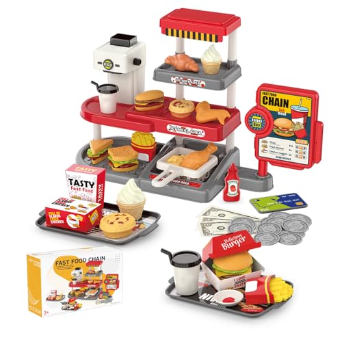 Spielzeug für Imaginäres Schnellrestaurant mit Realistischer Kaffeemaschine Kartenleser Lebensmittelgeschäft-Spielset mit Simuliertem Hamburger Pommes Sandwich usw Geldspiel Für Kinder von yoliyogo