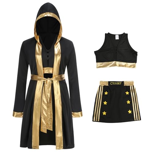 yolsun Boxer-Kostüm für Damen und Erwachsene, schwarz-goldfarben, Boxer-Bademantel, Outfit, Halloween, Cosplay, Schwarz / Gold, Größe L von yolsun