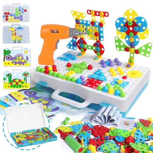 Spielzeug ab 3 Jahre Mosaik Steckspiel mit Elektrische Bohrmaschine Schrauben Kinder Spiel 3D Puzzle Montessori Spielzeug Werkzeugkoffer Kinder Steckspiel Geschenke 3 4 Jahre Junge Mädchen 224 Stück von yoptote