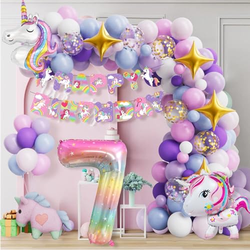 yosiio Einhorn Geburtstagsdeko 7 Jahre Mädchen, Einhorn Kindergeburtstag Set, Einhorn Geburtstag Girlande, Einhorn Ballon, Folienballon 7 für Deko Kindergeburtstag Mädchen von yosiio