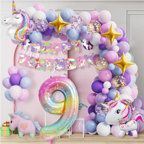 yosiio Einhorn Geburtstagsdeko 9 Jahre Mädchen, Einhorn Kindergeburtstag Set, Einhorn Geburtstag Girlande, Einhorn Ballon, Folienballon 9 für Deko Kindergeburtstag Mädchen von yosiio