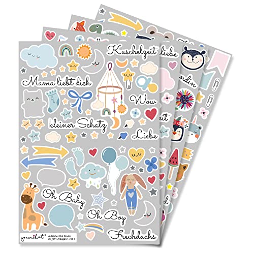 Aufkleber-Set für Kinder und Fotoalben I über 200 Sticker I DIY Scrapbooking-Aufkleber mit Sprüchen und Tieren I zum Gestalten I Scrapbook und Bullet Journal Zubehör I dv971 von younikat