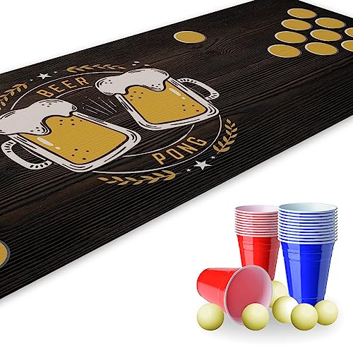 Beer Pong Set I 180 x 60 cm I Spielfeldmatte mit Bierkrug Design I Inkl. 22 Partybechern und 6 Tischtennisbällen I Trinkspiel I Party-Spiele und Geburtstag I Wiederverwendbar und abwischbar I dv821 von younikat