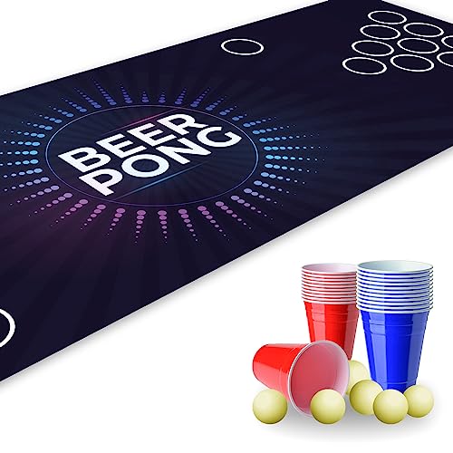 Beer Pong Set I 180 x 60 cm I Spielfeldmatte mit Electro Design I Inkl. 22 Partybechern und 6 Tischtennisbällen I Trinkspiel I Party-Spiele und Geburtstag I Wiederverwendbar und abwischbar I dv_819 von younikat