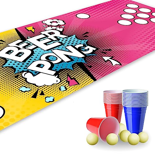 Beer Pong Set I 180 x 60 cm I Spielfeldmatte mit Pop Art Design I Inkl. 22 Partybechern und 6 Tischtennisbällen I Trinkspiel I Party-Spiele und Geburtstag I Wiederverwendbar und abwischbar I dv820 von younikat