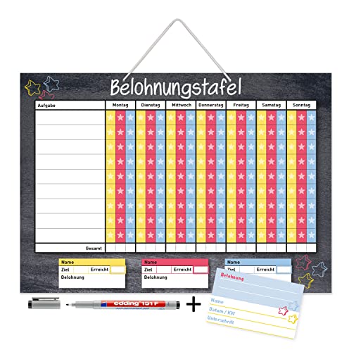 Belohnungstafel zum Aufhängen mit Aufgaben-Liste für 3 Kinder inkl. Belohnungskarten I DIN A3 I mit Aufhängung, Stifthalter und Stift I Haushaltsplaner I für Kleinkinder und Jugendliche I dv999 von younikat