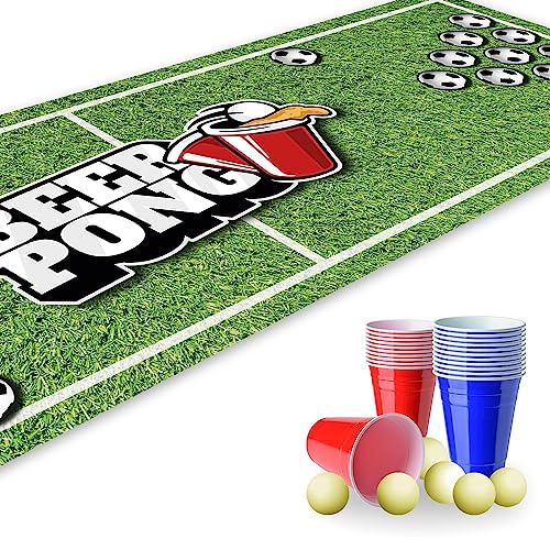 younikat Beer Pong Set I 180 x 60 cm I Spielfeldmatte mit Fußball Design I Inkl. 22 Partybechern und 6 Tischtennisbällen I Trinkspiel I Party-Spiele I dv1238 von younikat