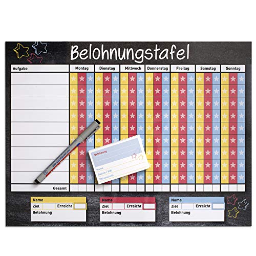 younikat Belohnungstafel mit Aufgaben-Liste für 3 Kinder inkl. Belohnungskarten I 40 x 30 cm I mit Stift I abwischbar I selbstklebend I Haushaltsplaner für Kleinkinder und Jugendliche I dv787 von younikat